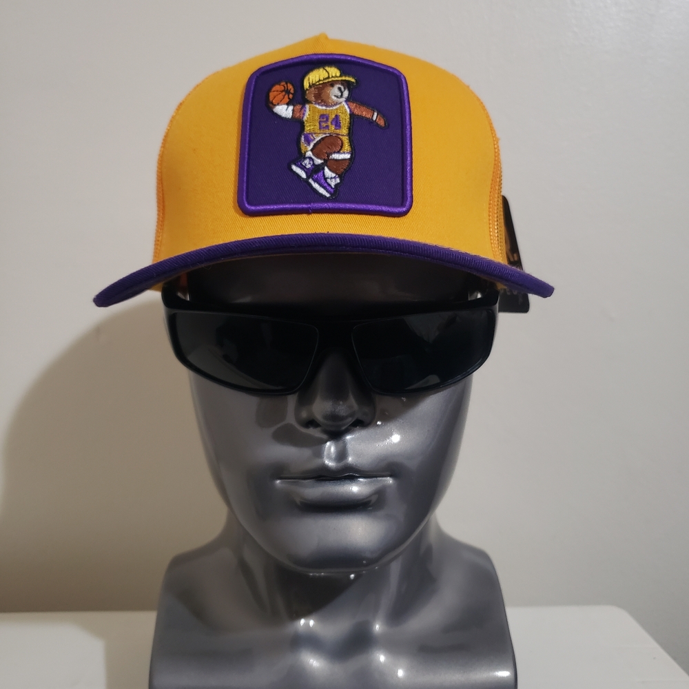 Yellow Trucker Hat with Purple Trim and Basketball Bear Patch
